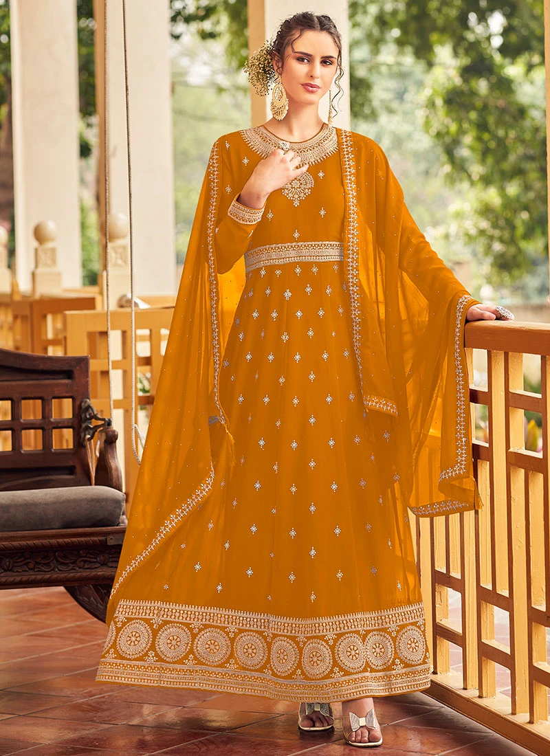 Mustard Georgette Embroidered Anarkali Suit Party Wear 3 Mustard Georgette Embroidered Anarkali Suit Party Wear - Image 3