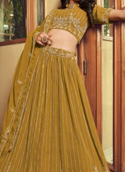 Mustard Georgette Embroidered N Sequins Umbrella Lehenga Party Wear