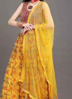 Mustard Pure Georgette Printed Umbrella Lehenga Skirt Party Wear