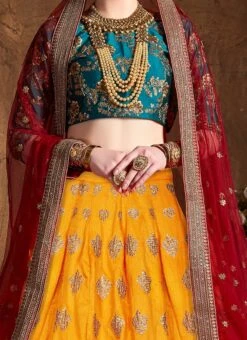 Mustard Yellow Benarasi Silk Embroidered Umbrella Lehenga Party Wear