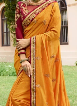 Mustard Yellow Embroidered Saree Party Wear