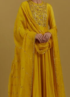 Mustard Yellow Pure Chanderi Silk Zari Work Anarkali Suit Party Wear