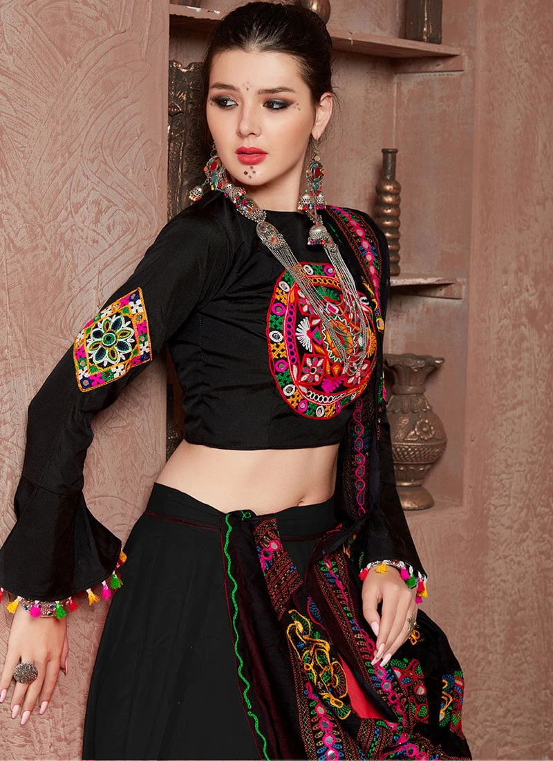 Navaratri Black Taffeta Silk Embroidery Chaniya Choli Party Wear 4 Navaratri Black Taffeta Silk Embroidery Chaniya Choli Party Wear - Image 4