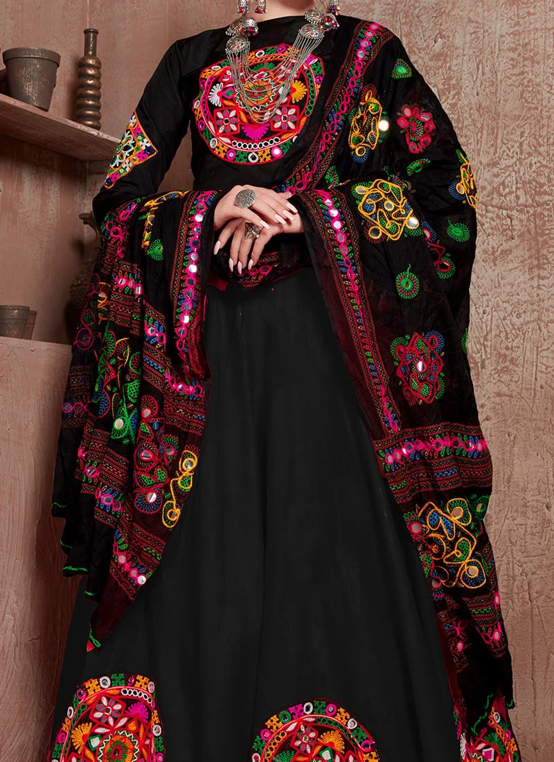 Navaratri Black Taffeta Silk Embroidery Chaniya Choli Party Wear 1 Navaratri Black Taffeta Silk Embroidery Chaniya Choli Party Wear