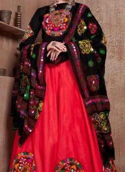 Navaratri Coral Red Cotton Embroidered Chaniya Choli Party Wear