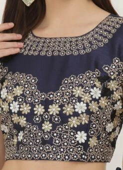 Navy Blue Art Dupion Silk Resham Embroidered Blouse Festive Wear