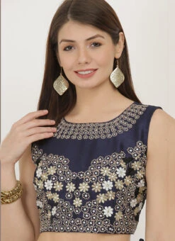 Navy Blue Art Dupion Silk Resham Embroidered Blouse Festive Wear -Deals Chic Lehenga Store navy blue art dupion silk resham embroidered blouse bldiw18 u