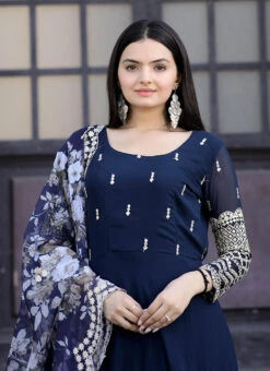 Navy Blue Art Silk Embroidered Anarkali Suit Party Wear -Deals Chic Lehenga Store navy blue art silk embroidered anarkali suit slsrk174940 b