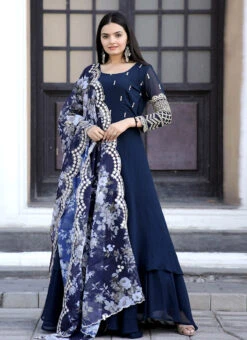 Navy Blue Art Silk Embroidered Anarkali Suit Party Wear -Deals Chic Lehenga Store navy blue art silk embroidered anarkali suit slsrk174940 u