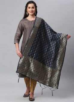 Navy Blue Benarasi Silk Jacquard Woven Dupatta Festive Wear -Deals Chic Lehenga Store navy blue benarasi silk jacquard woven dupatta dpsli1402105blu u