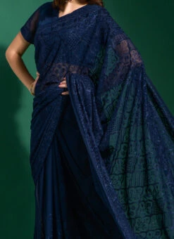 Navy Blue Color Blooming Thread Embroidery Diamond Work Georgette Saree Party Wear