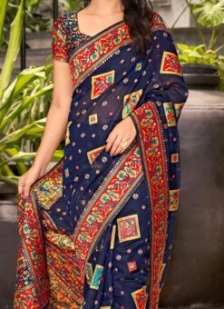 Navy Blue Color Jacquard Woven Work Cotton Silk Saree Festive Wear