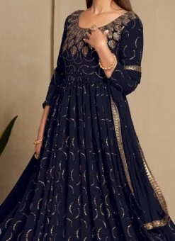 Navy Blue Faux Georgette Sequins Dresses And Gown Party Wear