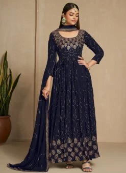 Navy Blue Faux Georgette Sequins Dresses And Gown Party Wear -Deals Chic Lehenga Store navy blue faux georgette sequins dresses and gown bgwrsad7101 u