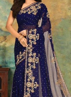 Navy Blue Georgette Hand Embroidery Saree Festive Wear