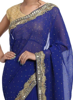 Navy Blue Georgette Hand Work Saree Party Wear