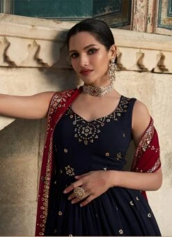 Navy Blue Georgette Sequins Embroidery Anarkali Gown Party Wear -Deals Chic Lehenga Store navy blue georgette sequins embroidery anarkali gown bgwrsom4853 b