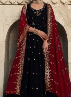Navy Blue Georgette Sequins Embroidery Anarkali Gown Party Wear