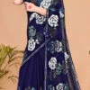 Navy Blue Georgette Sequins Embroidery Work Saree Party Wear