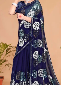Navy Blue Georgette Sequins Embroidery Work Saree Party Wear