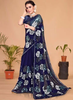 Navy Blue Georgette Sequins Embroidery Work Saree Party Wear -Deals Chic Lehenga Store navy blue georgette sequins embroidery work saree sasuna1704 u