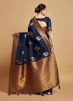 Navy Blue Linen Weaving Work Saree Festive Wear -Deals Chic Lehenga Store navy blue linen weaving work saree sasacu9495 b