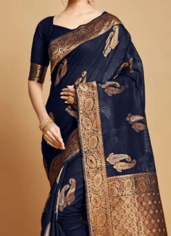 Navy Blue Linen Weaving Work Saree Festive Wear