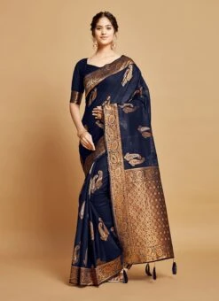 Navy Blue Linen Weaving Work Saree Festive Wear -Deals Chic Lehenga Store navy blue linen weaving work saree sasacu9495 u