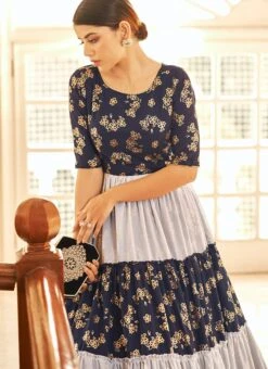 Navy Blue N White Georgette Foil Printed Anarkali Gown After Six Wear -Deals Chic Lehenga Store navy blue n white georgette foil printed anarkali gown bgwsom4705 b