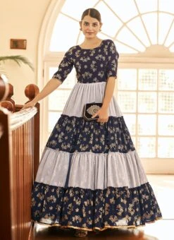 Navy Blue N White Georgette Foil Printed Anarkali Gown After Six Wear -Deals Chic Lehenga Store navy blue n white georgette foil printed anarkali gown bgwsom4705 u