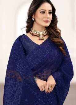 Navy Blue Net Embroidered And Tikki Work Saree Party Wear -Deals Chic Lehenga Store navy blue net embroidered and tikki work saree sasuno1143 b