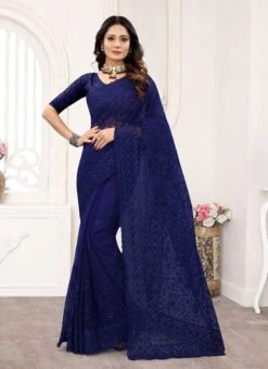 Navy Blue Net Embroidered And Tikki Work Saree Party Wear -Deals Chic Lehenga Store navy blue net embroidered and tikki work saree sasuno1143 u