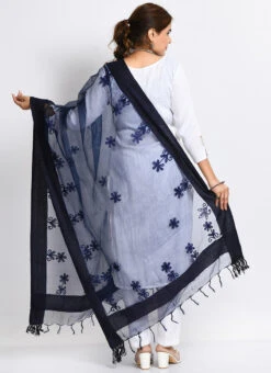Navy Blue Organza Cotton Chikankari Embroidery Dupatta Work Wear -Deals Chic Lehenga Store navy blue organza cotton chikankari embroidery dupatta dpdmimfd117 b