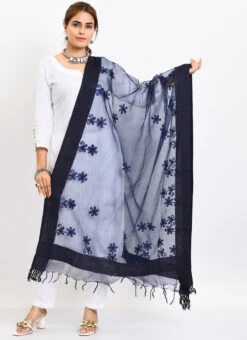Navy Blue Organza Cotton Chikankari Embroidery Dupatta Work Wear -Deals Chic Lehenga Store navy blue organza cotton chikankari embroidery dupatta dpdmimfd117 u