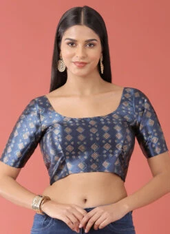 Navy Blue Polyster Printed Readymade Blouse Party Wear -Deals Chic Lehenga Store navy blue polyster printed readymade blouse blspfb205nb u