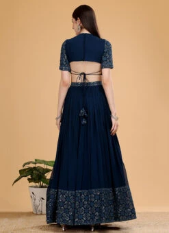 Navy Blue Pure Georgette Embroidered Work A Line Lehenga Choli Wedding Wear -Deals Chic Lehenga Store navy blue pure georgette embroidered work a line lehenga choli ghsgcba78 b