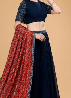 Navy Blue Pure Georgette Embroidered Work A Line Lehenga Choli Wedding Wear