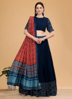 Navy Blue Pure Georgette Embroidered Work A Line Lehenga Choli Wedding Wear -Deals Chic Lehenga Store navy blue pure georgette embroidered work a line lehenga choli ghsgcba78 u
