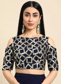 Navy Blue Sequins Net Cold Shoulder Blouse Festive Wear -Deals Chic Lehenga Store navy blue sequins net cold shoulder blouse BLBS02303764 u