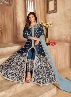 Navy Blue Soft Art Silk Mirror Embroidery Anarkali Suit Party Wear -Deals Chic Lehenga Store navy blue soft art silk mirror embroidery anarkali suit slsak29923303 u
