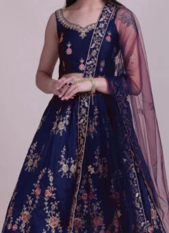 Navy Blue Taffeta Silk Embroidered N Stones Umbrella Lehenga Party Wear