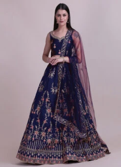 Navy Blue Taffeta Silk Embroidered N Stones Umbrella Lehenga Party Wear -Deals Chic Lehenga Store navy blue taffeta silk embroidered n stones umbrella lehenga ghswe101024blue u