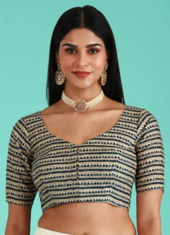 Navy Blue Viscose Rayon Printed Readymade Blouse Party Wear -Deals Chic Lehenga Store navy blue viscose rayon printed readymade blouse blspfb222nb u