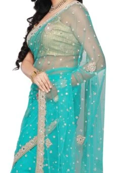 Net Turquoise Blue Saree Wedding Wear