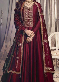 Nidhi Shah Maroon Art Silk Embroidered Anarkali Suit Party Wear