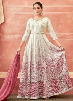 Off White And Pink Faux Georgette Embroidered Gown Party Wear -Deals Chic Lehenga Store off white and pink faux georgette embroidered gown slska47512035 u