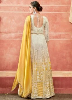 Off White And Yellow Faux Georgette Embroidered Gown Party Wear -Deals Chic Lehenga Store off white and yellow faux georgette embroidered gown slska47512036 b