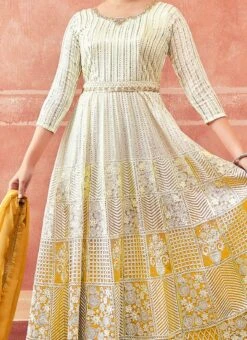 Off White And Yellow Faux Georgette Embroidered Gown Party Wear