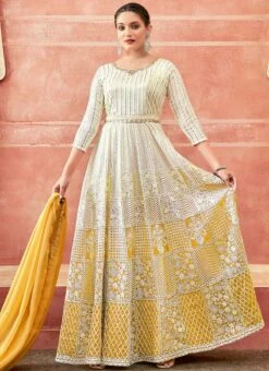 Off White And Yellow Faux Georgette Embroidered Gown Party Wear -Deals Chic Lehenga Store off white and yellow faux georgette embroidered gown slska47512036 u