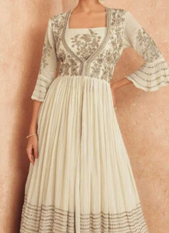 Off White Chinon Embroidery Umbrella Lehenga Party Wear